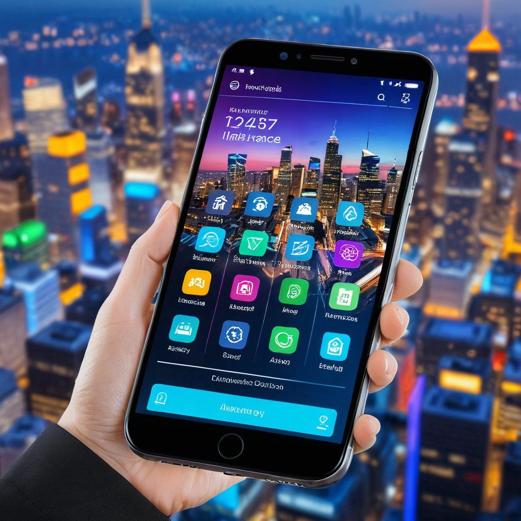 A sleek, modern smartphone displaying futuristic insurance app interfaces, surrounded by various digital elements like algorithms and blockchain icons, set against a backdrop of a bustling city skyline symbolizing innovation. Bright colors and a dynamic atmosphere convey a sense of technology and accessibility in insurance services. super-realistic. vibrant colors. 3D.