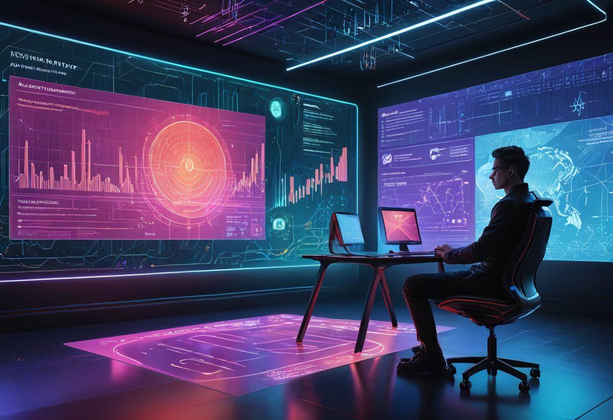 A futuristic digital landscape showcasing a person sitting at a sleek computer interface, surrounded by holographic representations of insurance policies and financial graphs. Bright, engaging colors emphasize the innovation of online insurance services. In the background, elements of connectivity and security symbols intertwine to signify comprehensive coverage. Style: cyberpunk. vibrant colors. 3D.