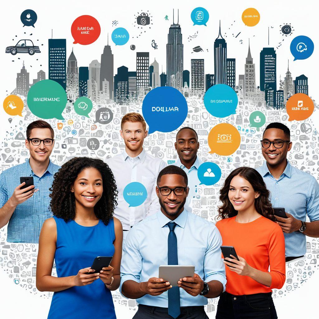 A vibrant collage of diverse people interacting with digital devices, surrounded by floating quote bubbles containing various insurance-related phrases and symbols. In the background, visuals of a city skyline and online platforms emphasize the theme of securing affordable insurance. The scene should radiate positivity and accessibility, showcasing inclusivity in insurance coverage. super-realistic. vibrant colors. white background.